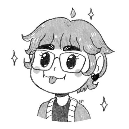 A digital pencil sketch of Emi drawn in a chibi style. Emi is looking 3/4 to the left and is sticking their tongue out. They are wearing glasses, heart earrings, and a cardigan in the drawing.